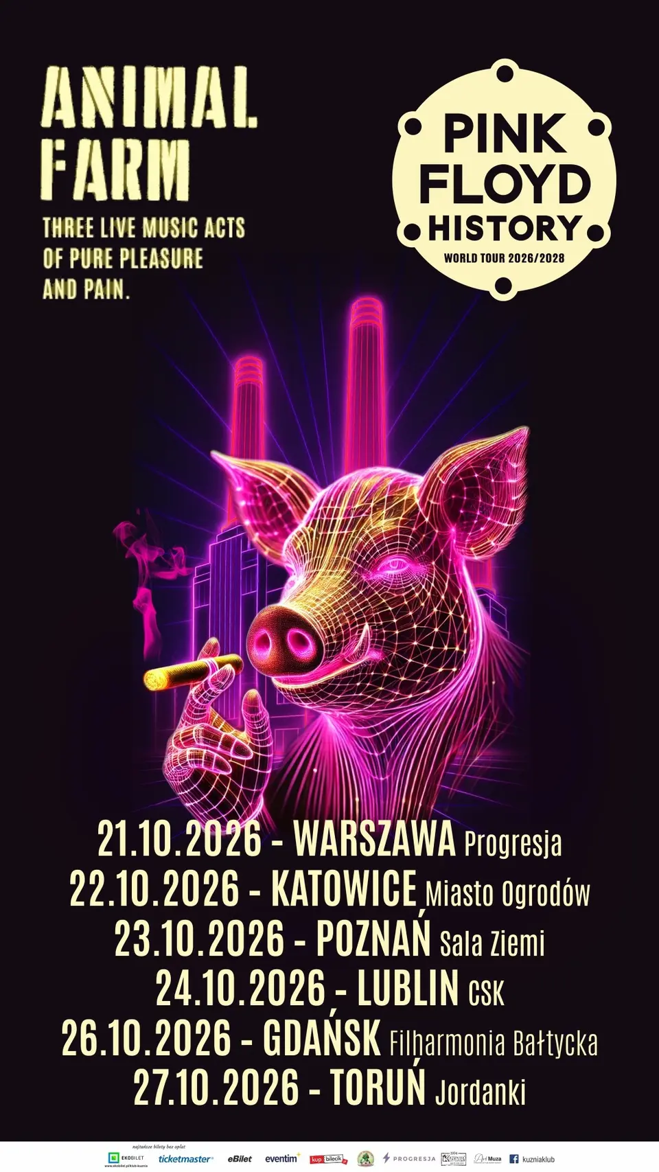 PINK FLOYD HISTORY Animal Farm Three Live Music Acts Of Pure Pleasure And Pain – World Tour 2026/2028